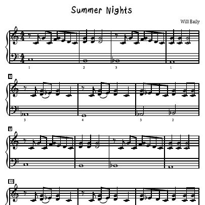 Summer Nights Sheet Music and Sound Files for Piano Students